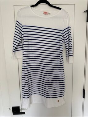 Armor Lux White and Navy Striped Boatneck Mini Dress - from Quebec (size 3)